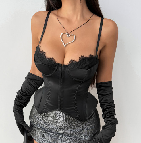 Heavy Industry Color Ding Splicing Double layered Bottom Front Sleeveless Strap Tank Top