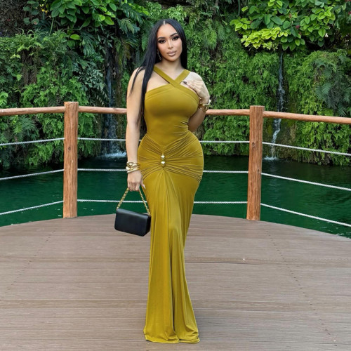 Cross neck solid color pleated fish tail dress