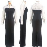 Collar shirt long sleeved patchwork bag hip slit long skirt