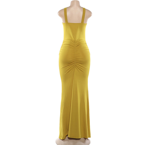 Cross neck solid color pleated fish tail dress