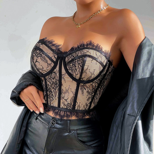 Steel ring fishbone slim fit waist cinching lace strapless vest