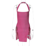 Hanging neck slit shiny silk wrapped hip dress