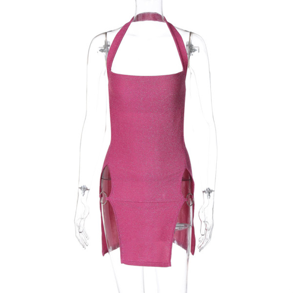 Hanging neck slit shiny silk wrapped hip dress