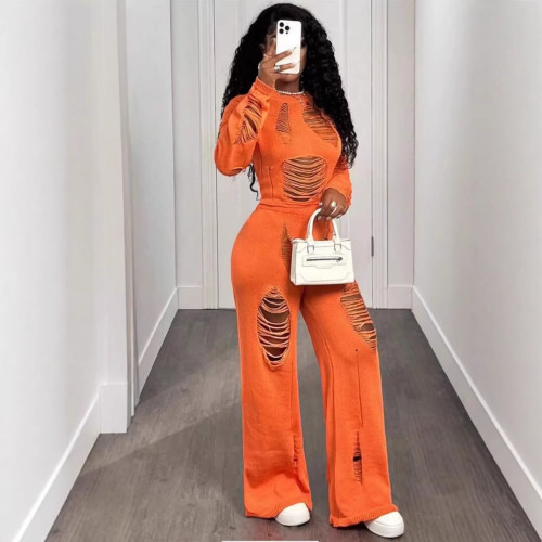 Hollow hole flared pants set