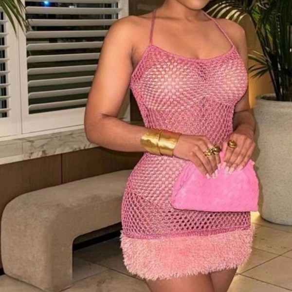 Slips, nail beads, hot stamping, wrapped buttocks, mesh, hollowed out dress