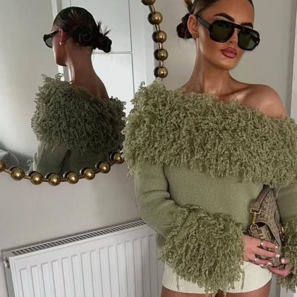 Slanted shoulder collar tassel pullover knit sweater