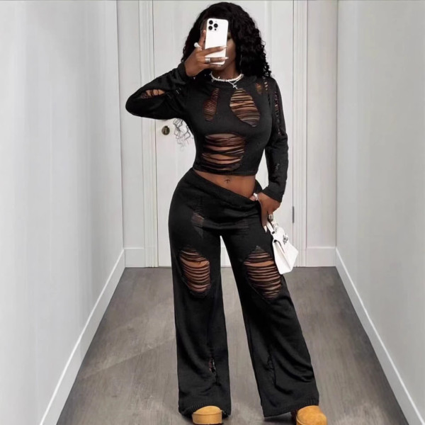 Hollow hole flared pants set