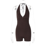 Tethered backless pleated tight fitting sports yoga jumpsuit
