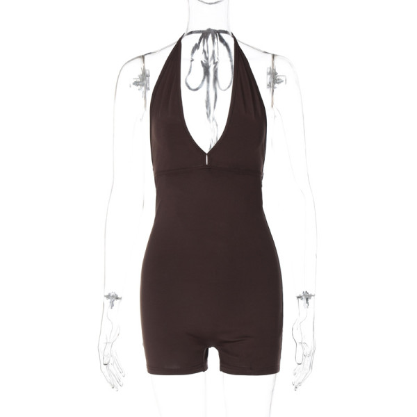Tethered backless pleated tight fitting sports yoga jumpsuit