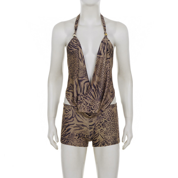 Leopard print collar hanging neck suspender shorts set