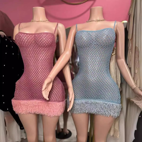 Slips, nail beads, hot stamping, wrapped buttocks, mesh, hollowed out dress