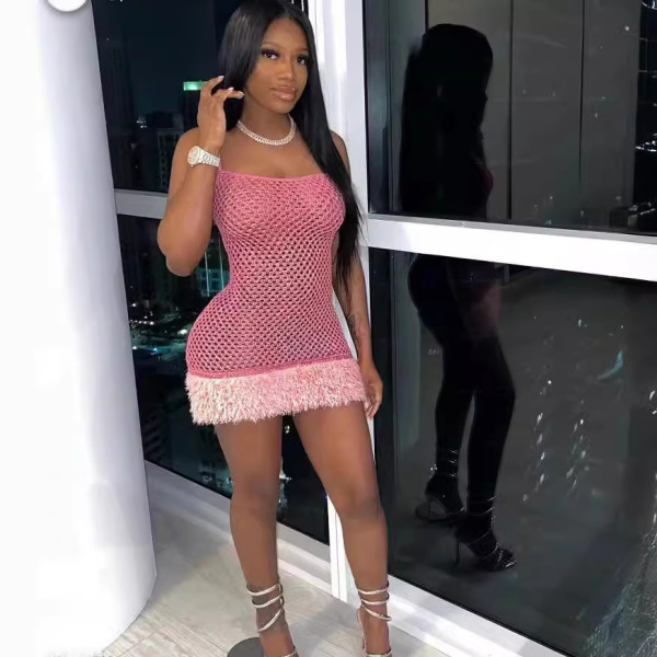 Slips, nail beads, hot stamping, wrapped buttocks, mesh, hollowed out dress