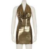Swinging collar and hanging neck dress with sequins and hip hugging short skirt