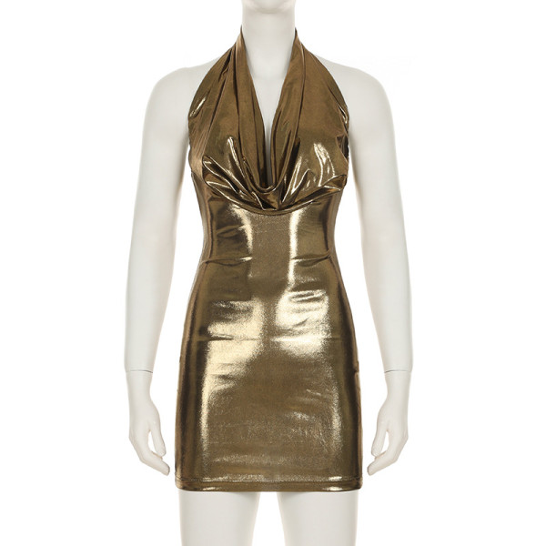 Swinging collar and hanging neck dress with sequins and hip hugging short skirt