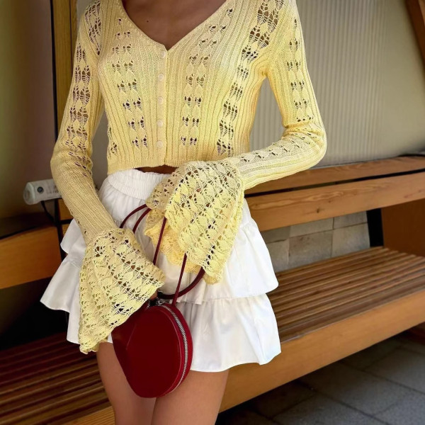 Hollow knit cardigan long sleeved V-neck short knit top
