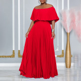 One neck off shoulder pleated long skirt C8594
