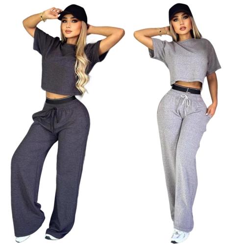 Embroidered letter double waist high waist exposed navel wide leg pants set