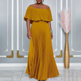 One neck off shoulder pleated long skirt C8594