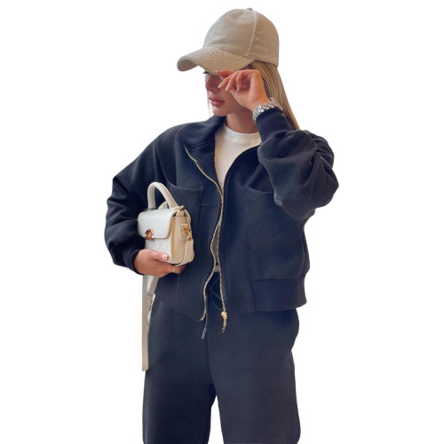 Knitted embossed long sleeved pants set (double pockets)
