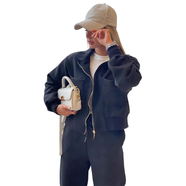 Knitted embossed long sleeved pants set (double pockets)