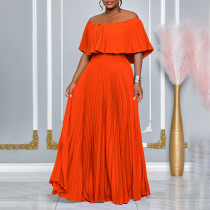 One neck off shoulder pleated long skirt C8594