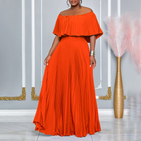 One neck off shoulder pleated long skirt C8594