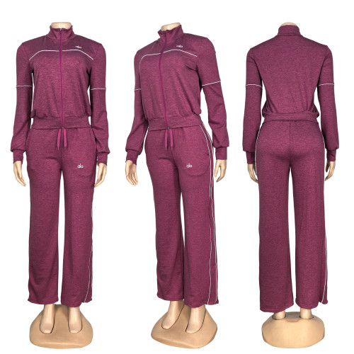 Embroidered letter zipper hoodie with multiple pockets and ankle binding pants set