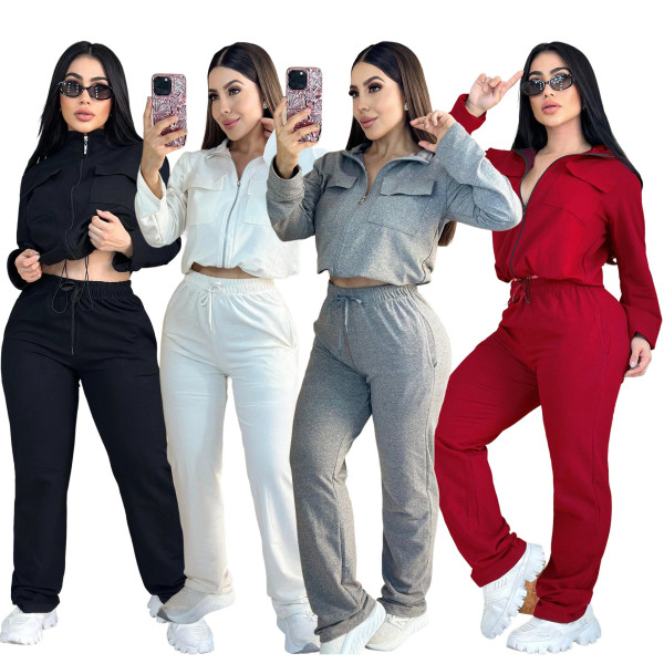 Embroidered letter zipper sweatshirt, multi pocket wide leg pants, sports suit