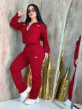 Embroidered letter zipper sweatshirt, multi pocket wide leg pants, sports suit