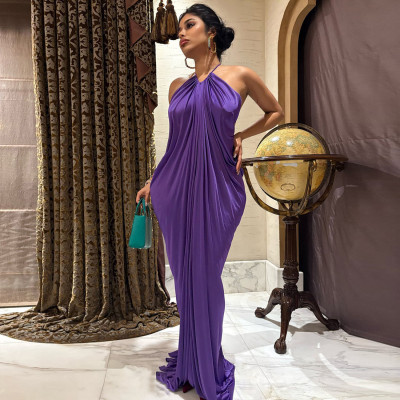 Sleeveless pleated high waisted slit dress