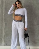 Long sleeved crop top, high waist straight leg wide leg pants set