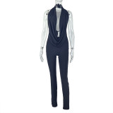 Hanging neck, swinging collar, exposed back, lace up top, tight pants two-piece set