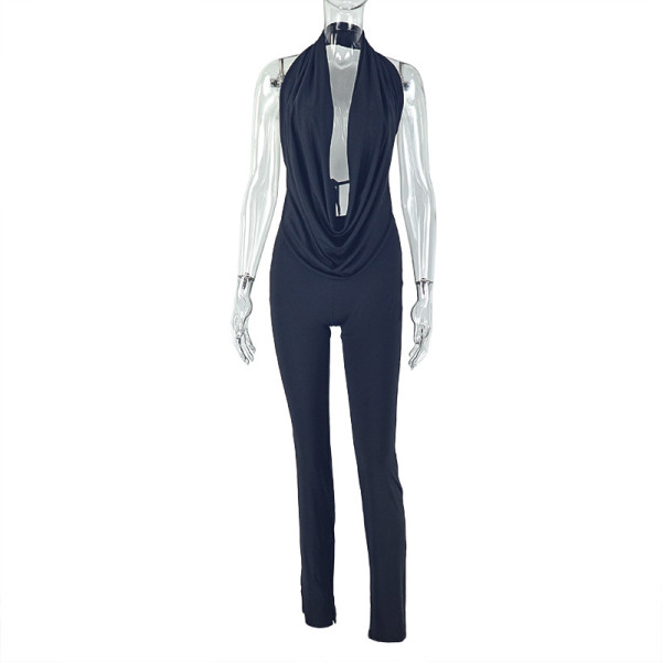 Hanging neck, swinging collar, exposed back, lace up top, tight pants two-piece set