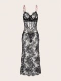 Lace lingerie, mesh, see through embroidered suspender, long skirt