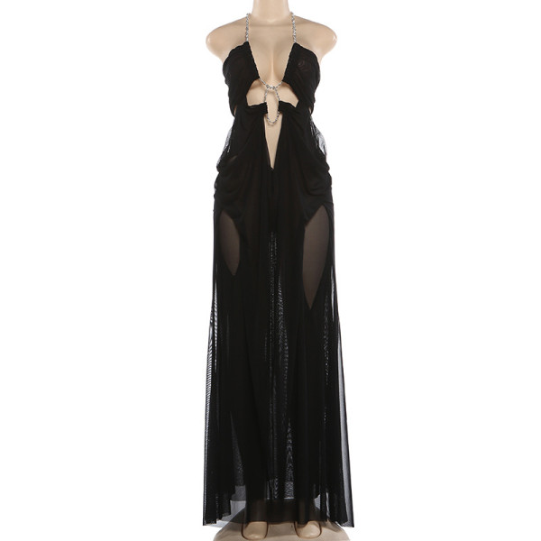 Mesh Perspective Low cut Hanging Neck Dress