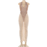 Sparkling patchwork mesh see through pleated hip hugging dress