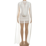 Half high neck double-layer spliced mesh ribbon wrapped hip dress