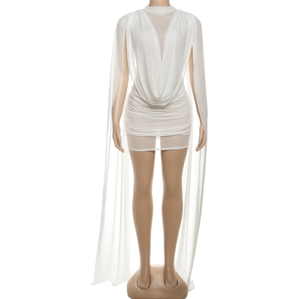 Half high neck double-layer spliced mesh ribbon wrapped hip dress