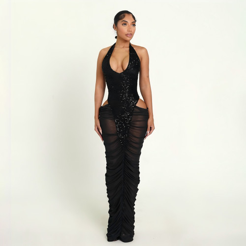 Sparkling patchwork mesh see through pleated hip hugging dress