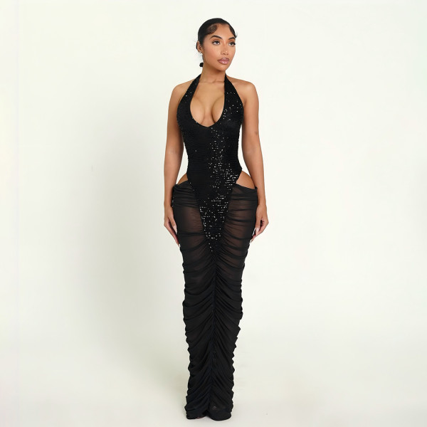 Sparkling patchwork mesh see through pleated hip hugging dress