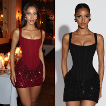 Lace up sequin suspender jumpsuit, hip hugging skirt