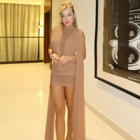 Half high neck double-layer spliced mesh ribbon wrapped hip dress