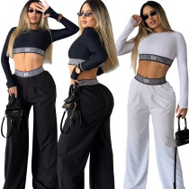 Long sleeved crop top, high waist straight leg wide leg pants set