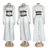Long sleeved crop top, high waist straight leg wide leg pants set