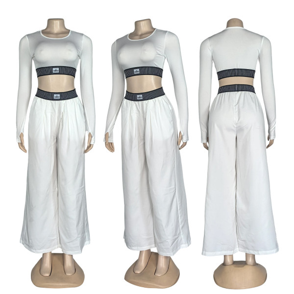 Long sleeved crop top, high waist straight leg wide leg pants set