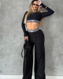 Long sleeved crop top, high waist straight leg wide leg pants set