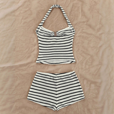 Black and white striped bikini boxer shorts set