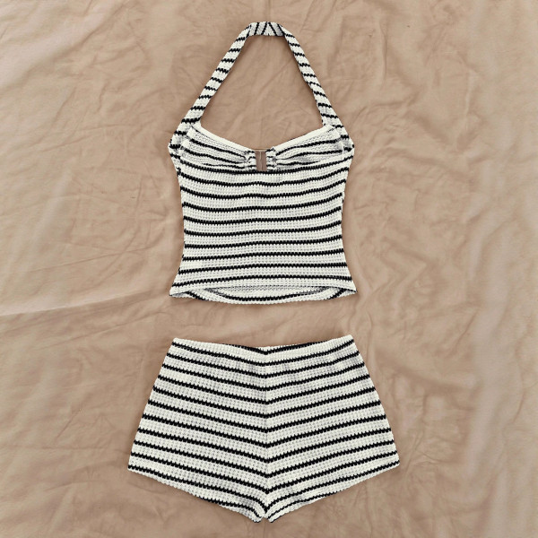 Black and white striped bikini boxer shorts set