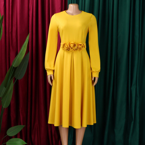 Round-neck long-sleeved three-dimensional floral skirt dress D602