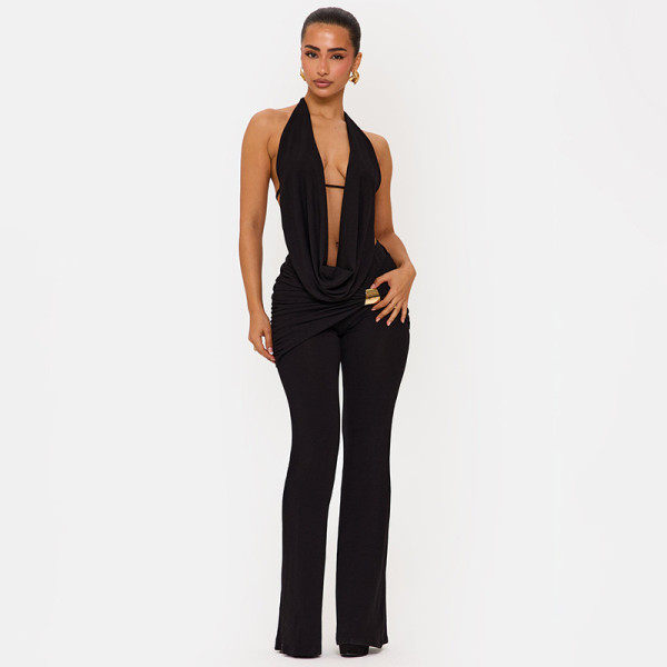 Hanging neck, swinging collar, exposed back, tied rope top, metal buckle, slightly flared pants two-piece set